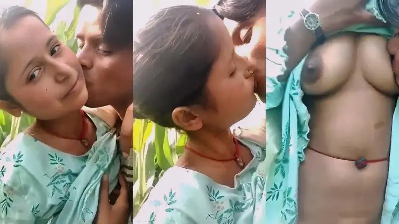 Village couple outdoor kissing and boobs sucking